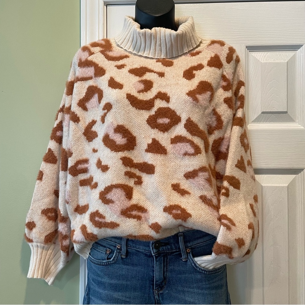 Karlie Turtleneck Cowl Neck Leopard Sweater - Cream Pink and Brown